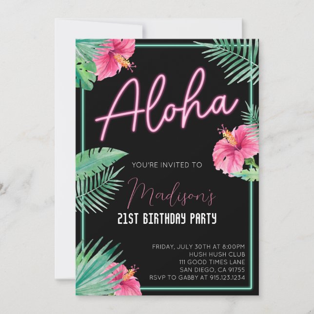 Aloha Black Floral Birthday Party Invitación (Anverso)