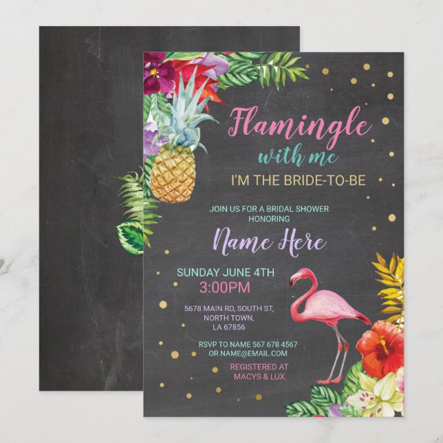 Aloha Bridal Shower Flamingo Chalk Invitación de o (Anverso / Reverso)