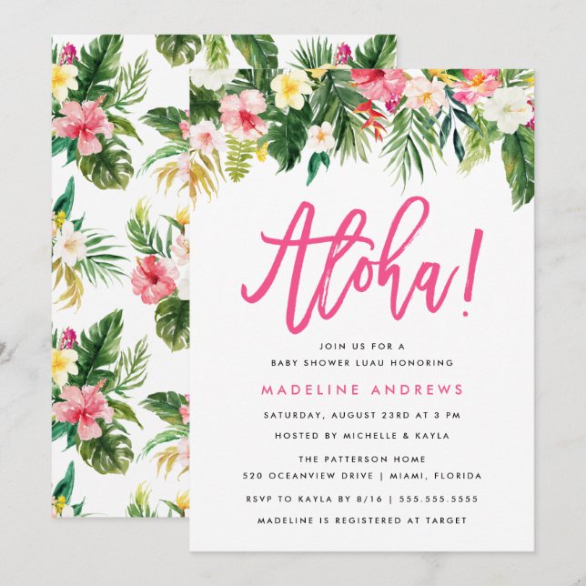 Aloha Floral | Invitación tropical a Baby Shower (Anverso / Reverso)