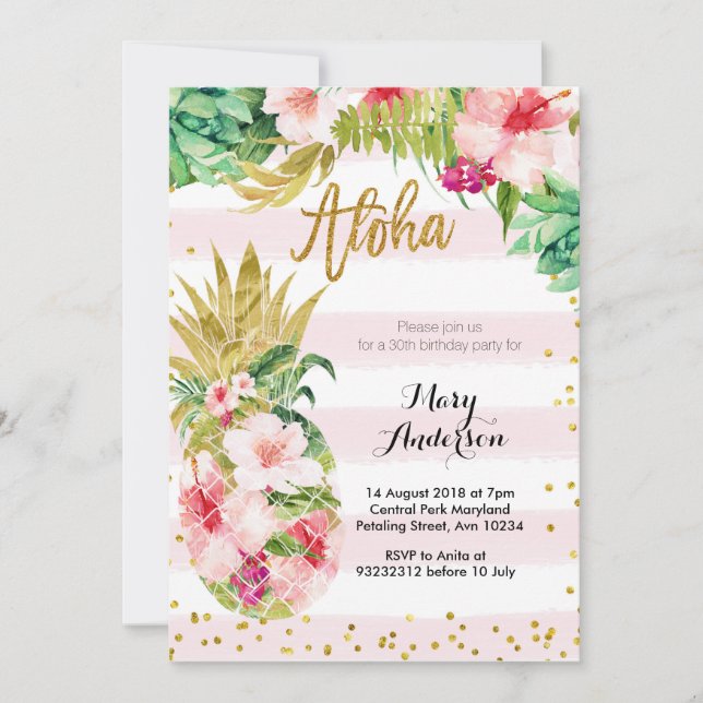 Aloha Gold Pineapple Invitación al cumpleaños Adul (Anverso)