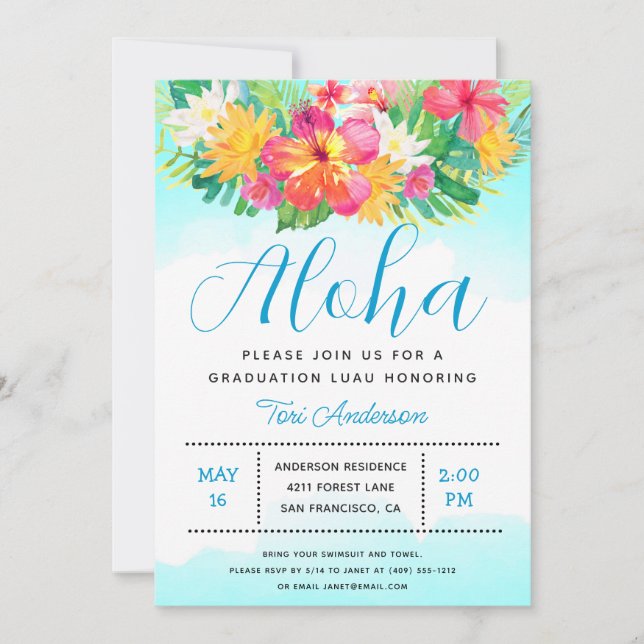 Aloha Graduación Tropical Invitación Luau Blue (Anverso)