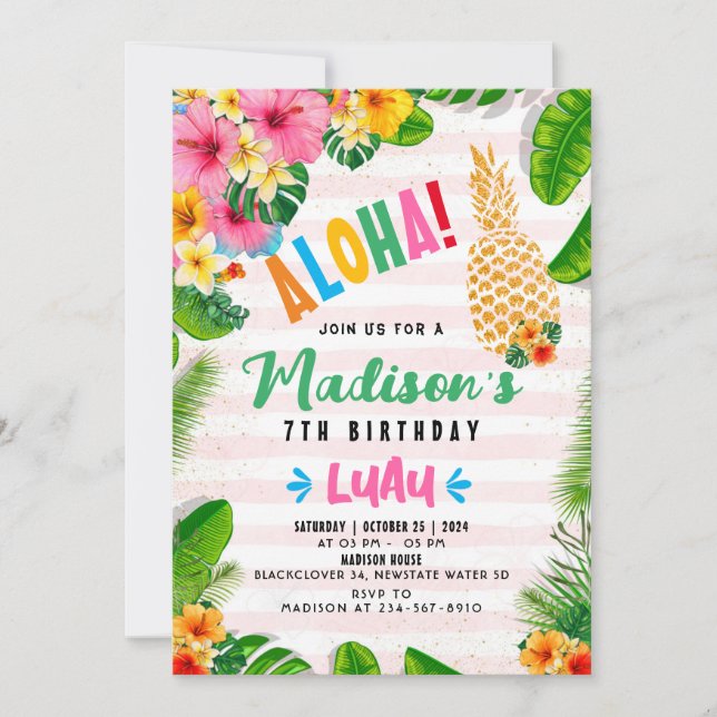 Aloha Hawaiian Pineapple Birthday Party Invitación (Anverso)