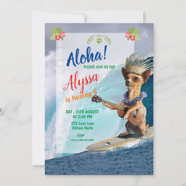 ¡Aloha! Invitación de cumpleaños de perro de Hawái (Anverso)
