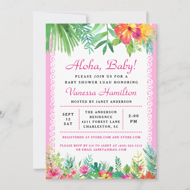 Aloha Luau Baby Shower Invitación tropical rosa (Anverso)