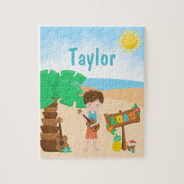 Aloha Luau Beach Brown Hair Boy Jigsaw Puzzle (Vertical)