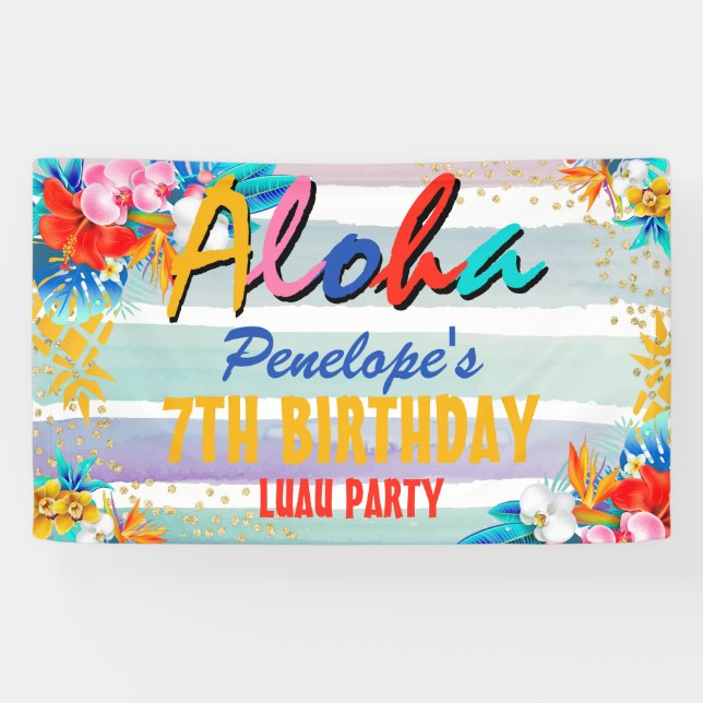 Aloha Luau Brillante pancarta de cumpleaños con br (Horizontal)