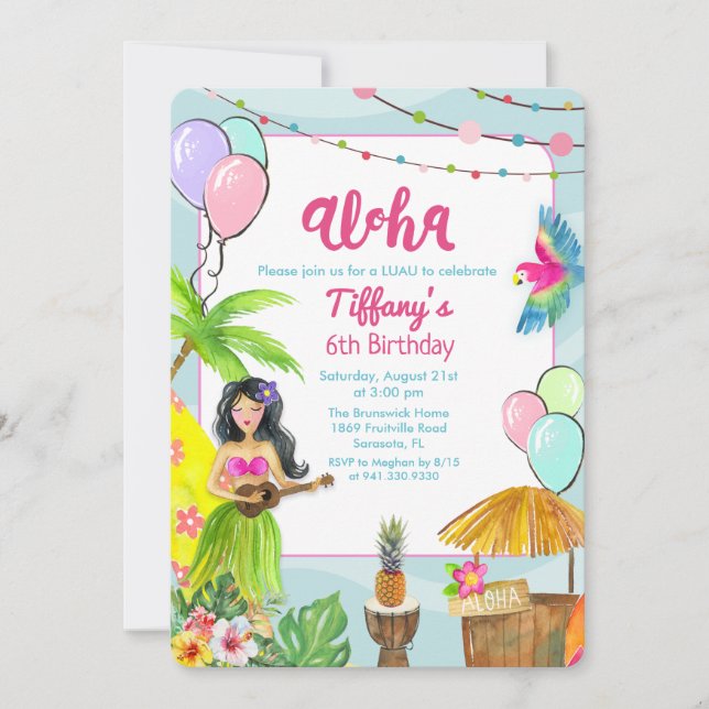 Aloha Luau Fiesta de piscina tropical Invitación d (Anverso)