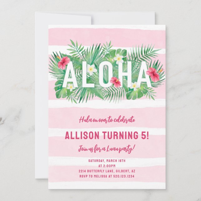 Aloha Luau Invitación de cumpleaños de floral rosa (Anverso)