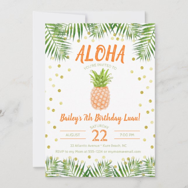 Aloha Luau Invitación de cumpleaños Piña tropical (Anverso)