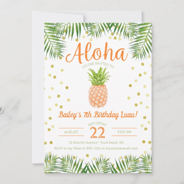Aloha Luau Invitación de cumpleaños Piña tropical (Anverso)
