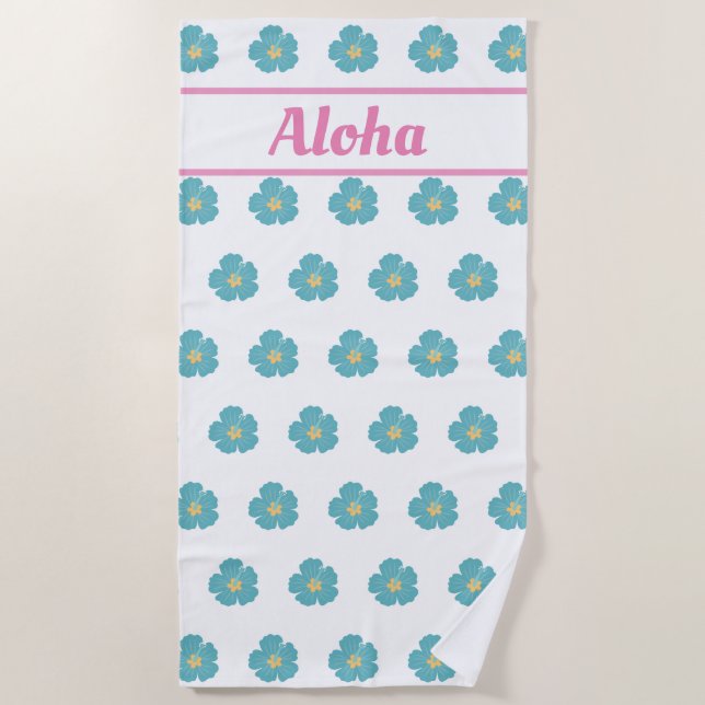 ¡Aloha! Toalla de playa de flores tropicales azul  (Anverso)