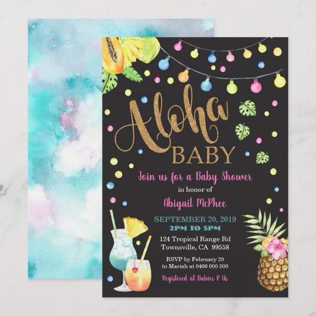 Aloha tropical Aloha Baby Shower Invitación Negra (Anverso / Reverso)