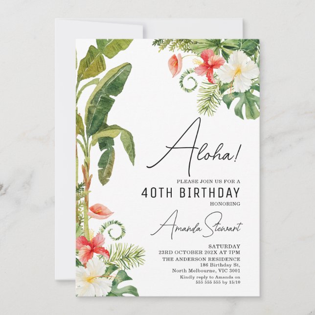 Aloha Tropical Floral 40 cumpleaños invitación (Anverso)