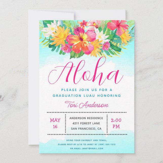 Aloha Tropical Graduation Luau Party Invitación (Anverso)