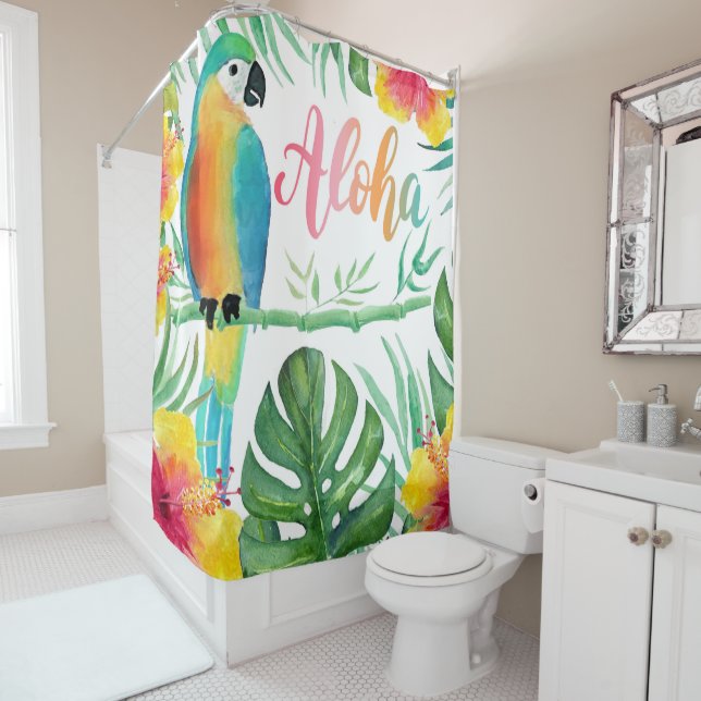 Aloha Tropical Parrot Hibiscus Palm Shower Cortina (In situ)