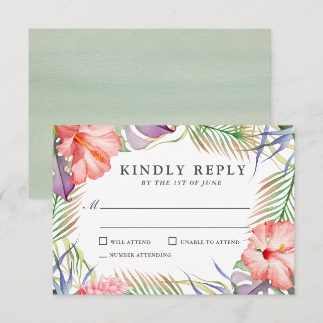 Aloha Tropical Watercolor Floral Wedding RSVP (Anverso / Reverso)