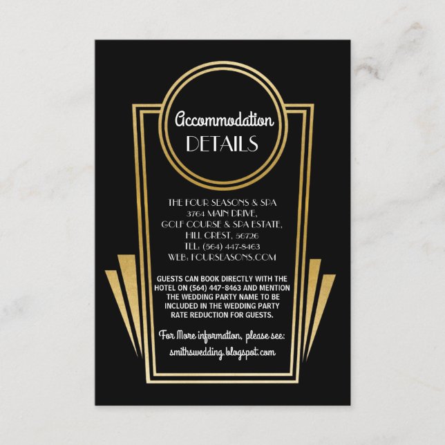 Alojamiento Art Deco Tarjetas de boda Gold Black (Anverso)