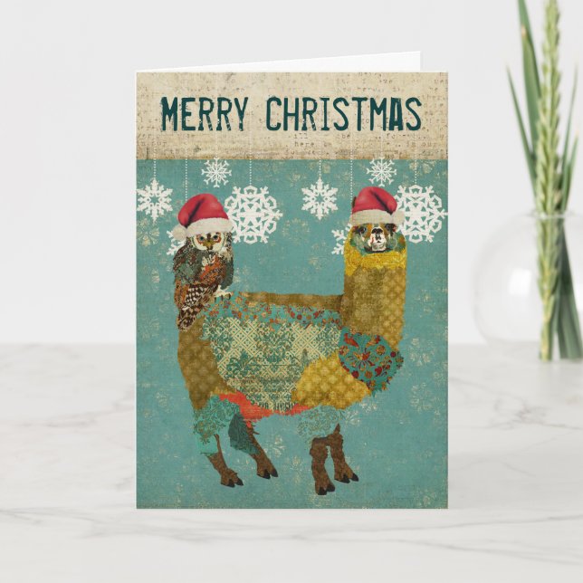 Alpaca del oro y tarjeta de Navidad del búho (Anverso)