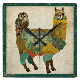 Alpaca dorada y reloj de pared de búho Verde azula