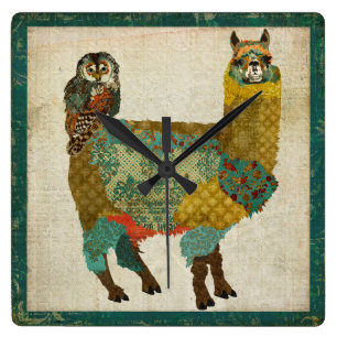Alpaca dorada y reloj de pared de búho Verde azula