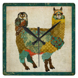 Alpaca dorada y reloj de pared de búho Verde azula