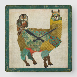 Alpaca dorada y reloj de pared de búho Verde azula