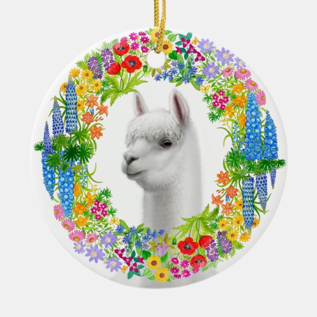 Alpaca en el ornamento floral del navidad de la (Frente)