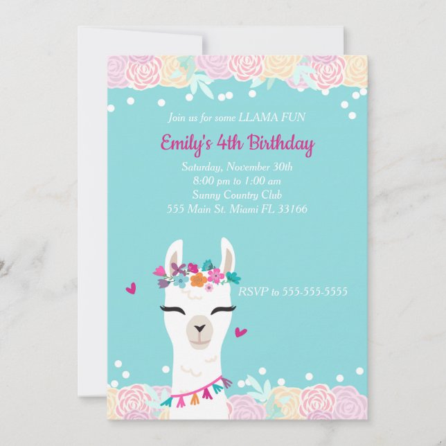 Alpaca Llama Face Niños Invitación al cumpleaños (Anverso)
