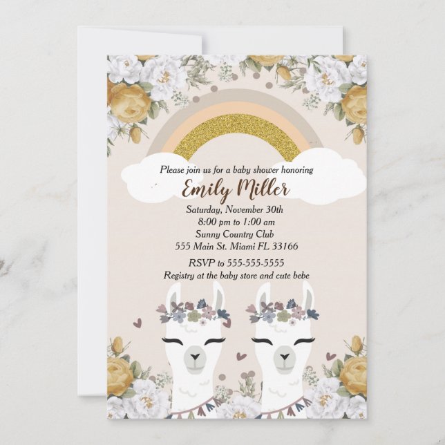 Alpaca Twins Baby Shower Invitación Gold (Anverso)
