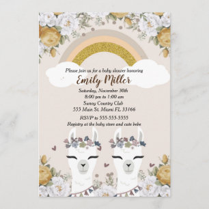 Alpaca Twins Baby Shower Invitación Gold