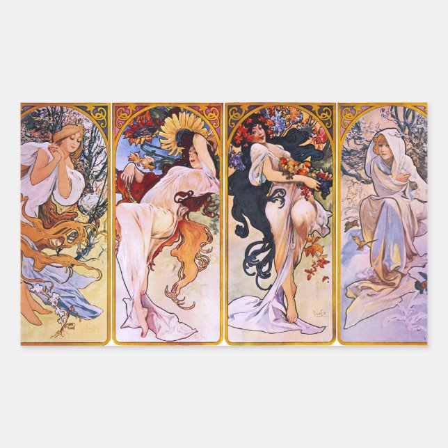 Alphonse Mucha Cuatro Pegatinas de Temporadas (Anverso)