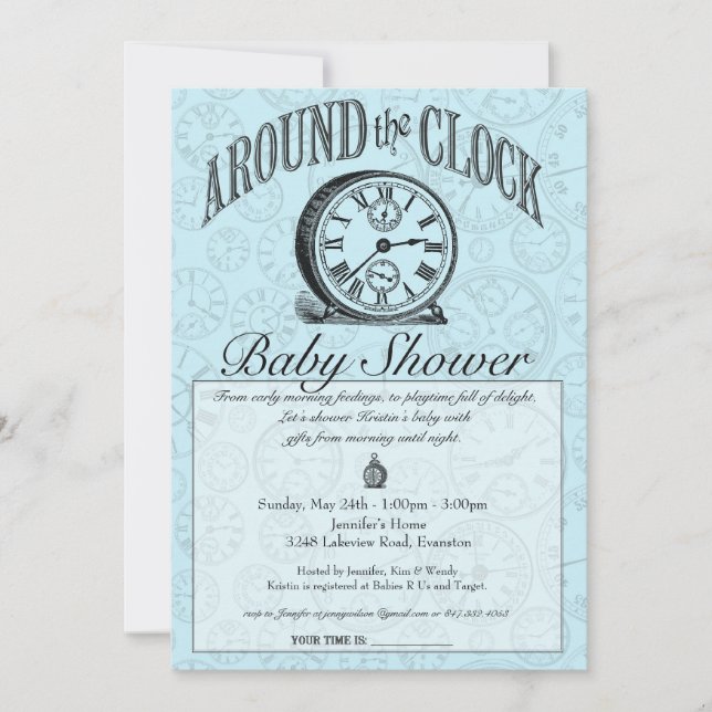 Alrededor de la invitación Baby Shower Clock - Azu (Anverso)