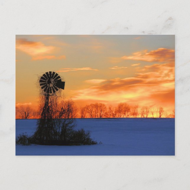 Amanecer con molino de viento en postal de inviern (Anverso)