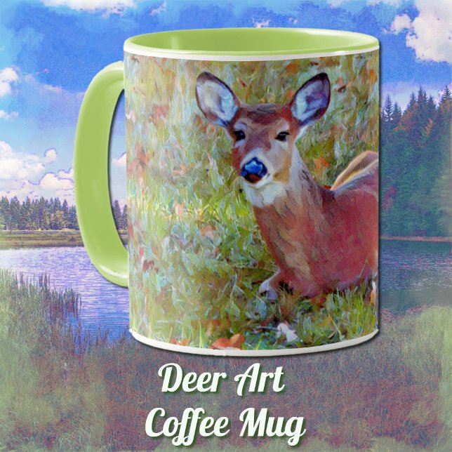 Amanecer de ciervo bebé descansa en la taza de art (A pretty deer resting in a meadow and in an artsy style on a nice coffee mug.)