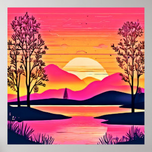 Amanecer dorado sobre arte de lago rosado
