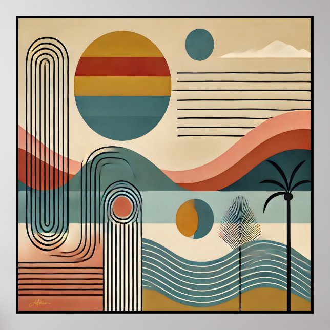 Amanecer en la playa de arte moderno de mediados d (Frente)