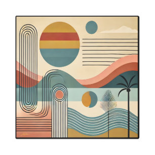 Amanecer en la playa de arte moderno de mediados d