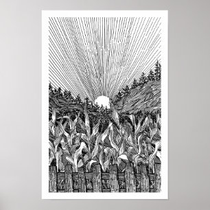Amanecer en maizal negro y blanco Arte de línea fi