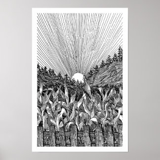 Amanecer en maizal negro y blanco Arte de línea fi