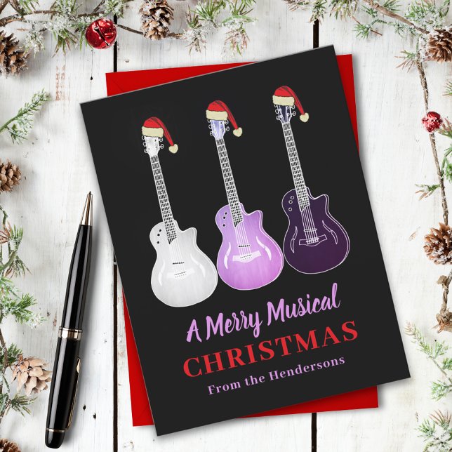 Amantes de la Música Personalizada de Navidad (Personalized music lovers merry christmas Funny pink guitars wearing Santa hats holiday card)