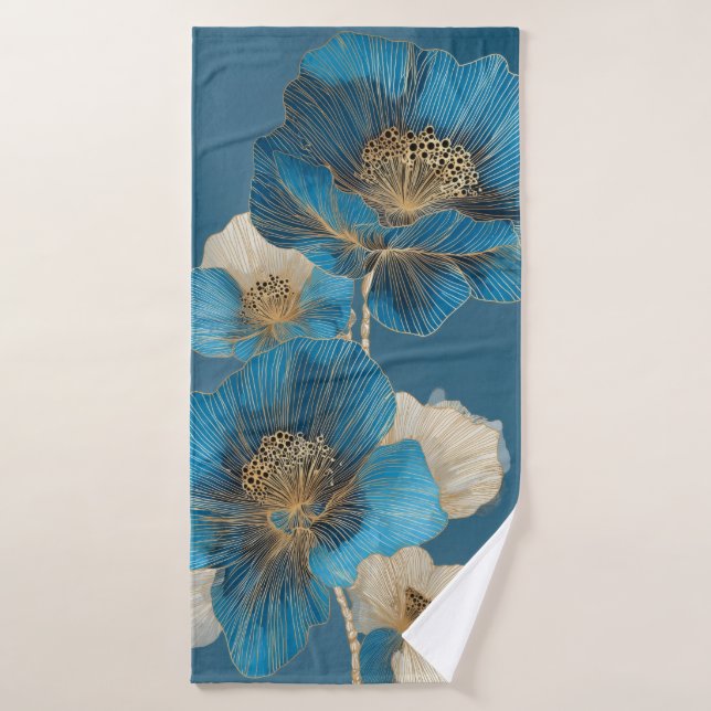 Amapola Botánica Azul Arte Floral de Línea Dorada (Toalla de baño)
