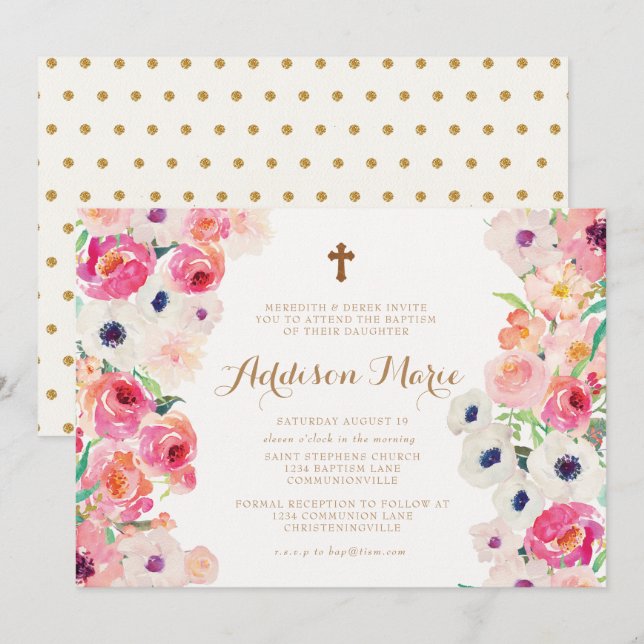 Amapolas blancas e invitación rosada del bautismo (Anverso / Reverso)