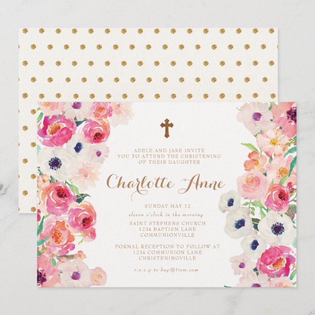 Amapolas blancas y invitación rosada del bautizo (Anverso / Reverso)