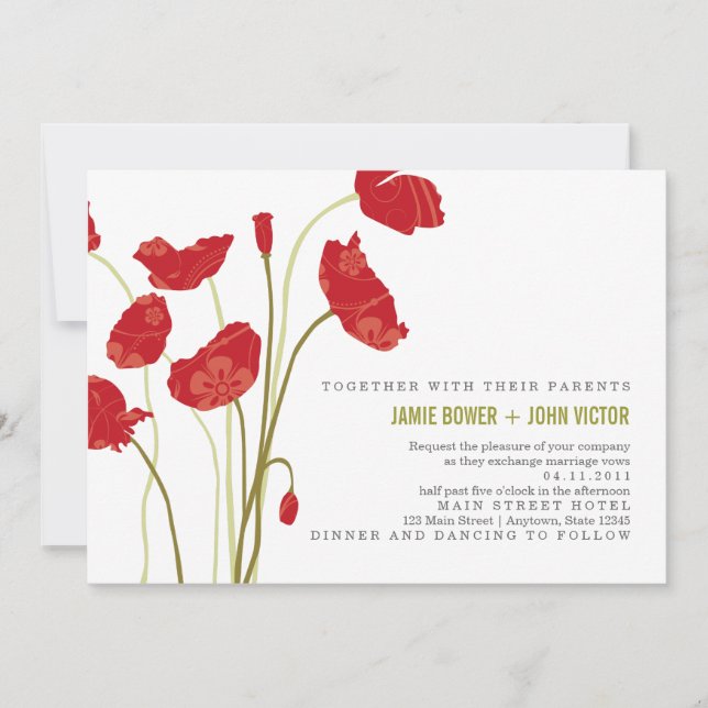 Amapolas del Rojo-Naranja que casan la invitación (Anverso)