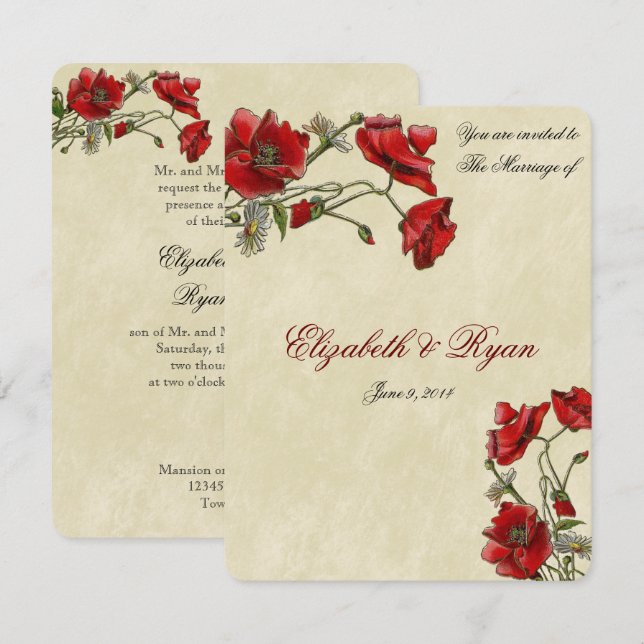 Amapolas rojas, elegante invitación de boda (Anverso / Reverso)
