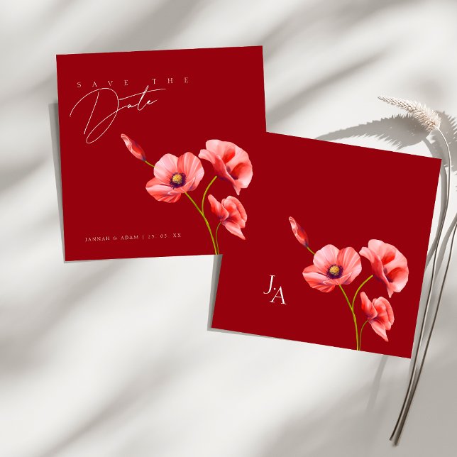 Amapolas Rojas Simples Tarjeta Floral de Boda Save (Simple Crimson Red Poppies Floral Wedding Save The Date)