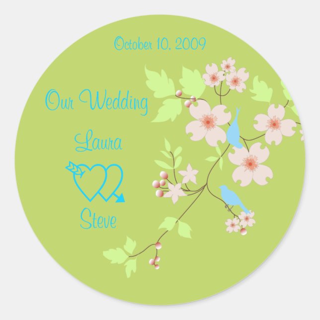 Amar a los pájaros en pegatinas de bodas de Dogwoo (Anverso)