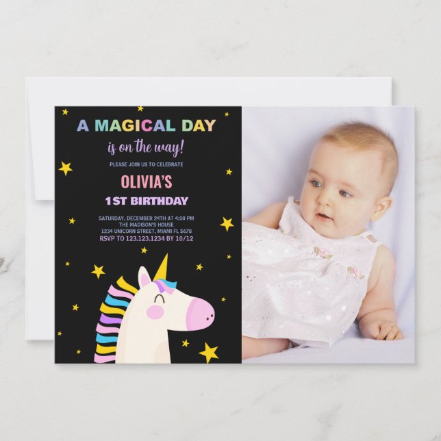 Amarillas Estrellas Unicornio Invitaciones de cump (Anverso)