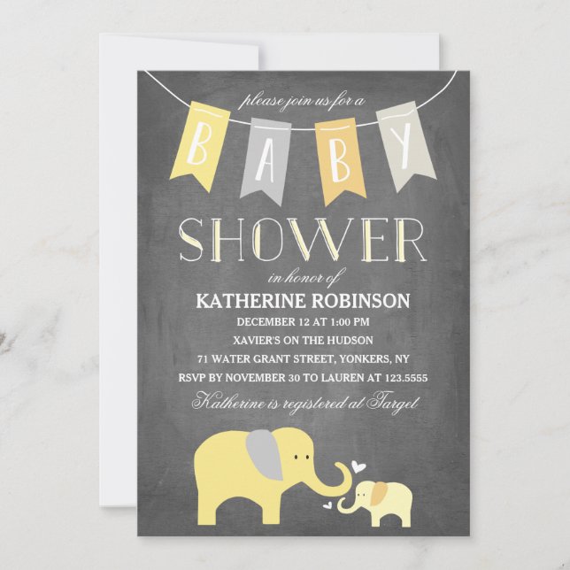 Amarillo del bebé elefante | Invitación de Baby Sh (Anverso)