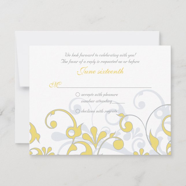 Amarillo Gris Blanco Floral Abstracto Boda RSVP (Anverso)
